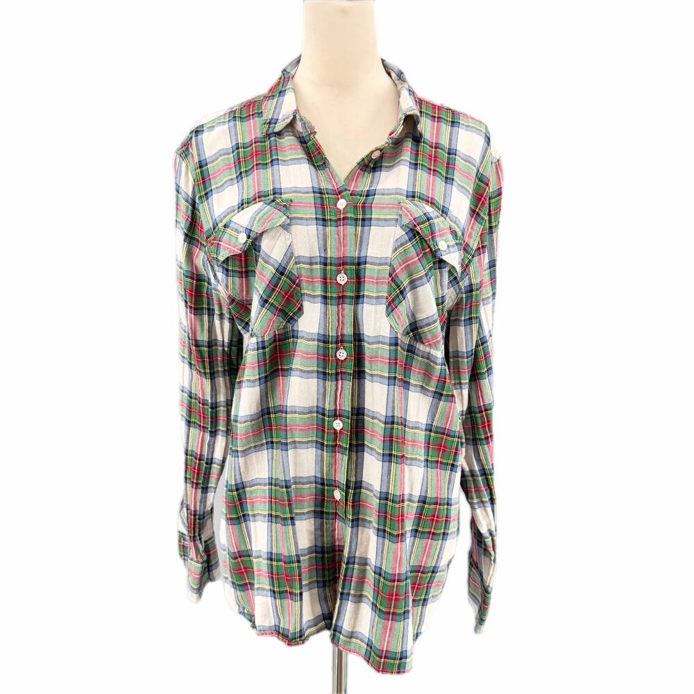 J. Crew Cotton Ivory Blue Green Plaid Plus Tartan Button Down Collared Top